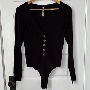 Black V-Neck Buttoned Women's Top